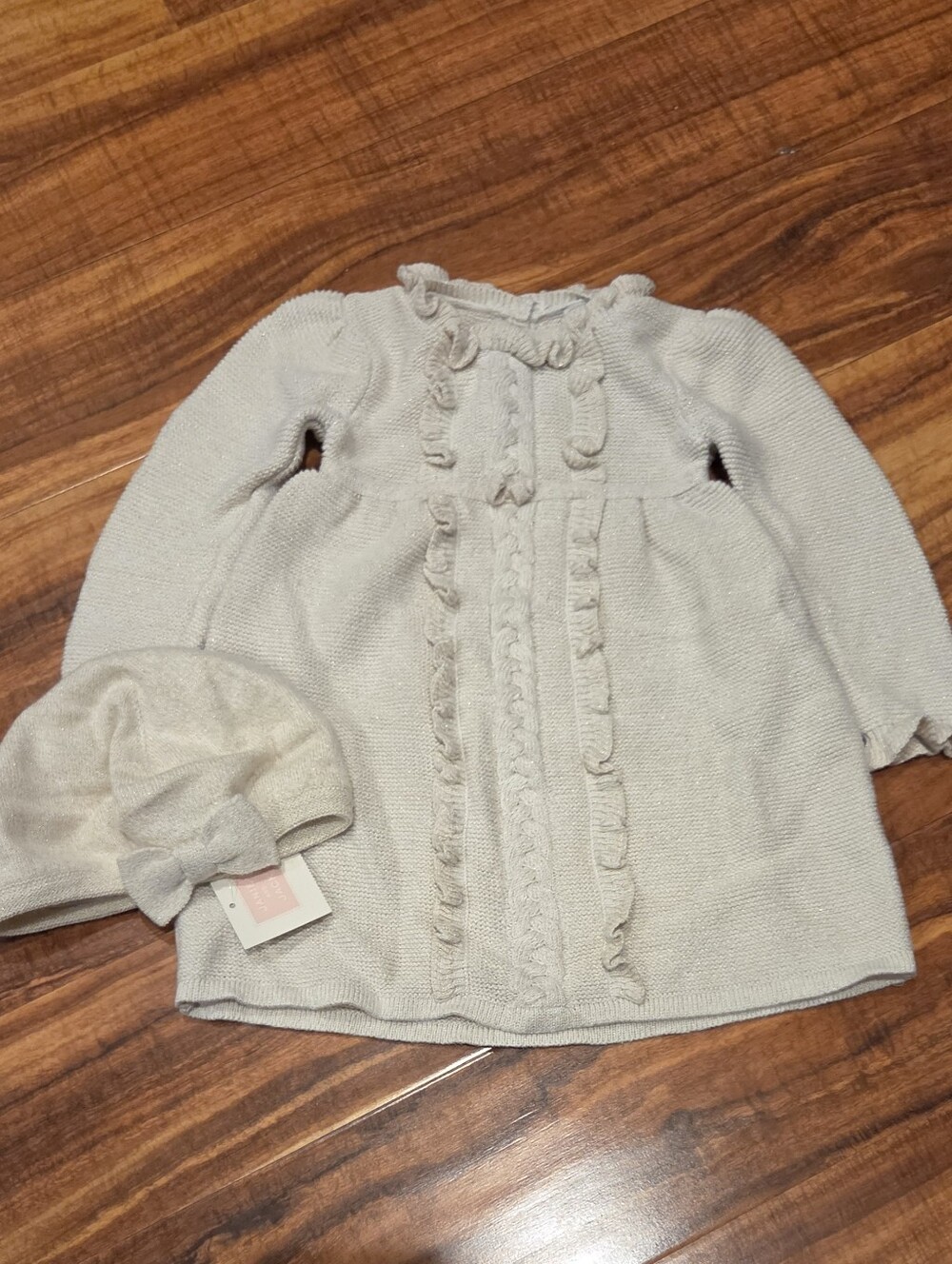 Janie and Jack NWT/VGUC 18-24 Months Cream/Gold Sweater Dress and Beret Bow Hat